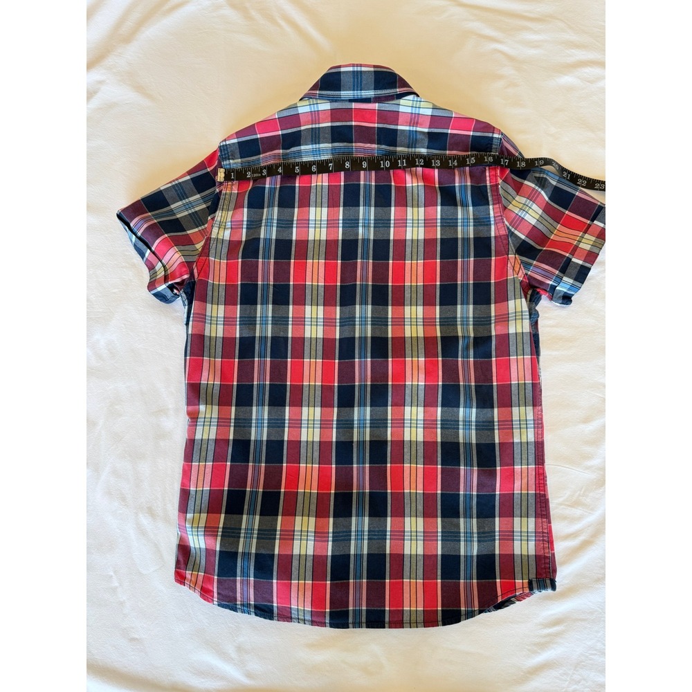 Abercrombie & Fitch Plaid Short Sleeve Button Down Muscle Fit Shirt Navy Red - Picture 5 of 7